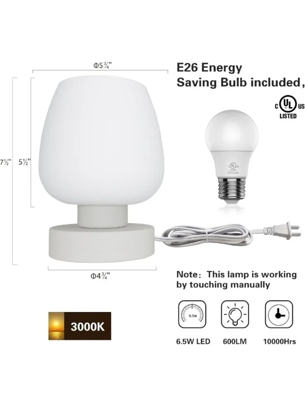 Dimmable Touch Control Bedside Lamp, 600 Lumen, Compact Nightstand Light, Modern